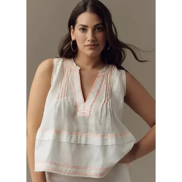 Pilcro Anthropologie Women's Top S White Raw Edge Linen Swing Coastal Boho - Picture 2 of 16